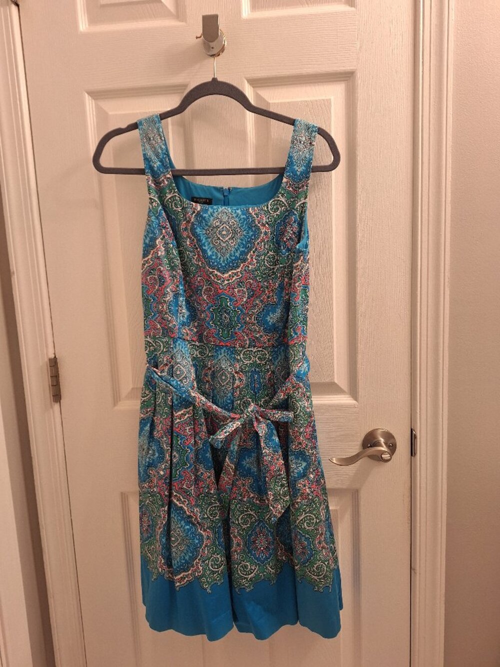 Talbots dress, size petite 10, blue/pink/white/green design